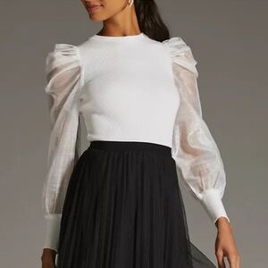 Dolan Anthropologie | Puff Organza Sleeve Top Blouse Ribbed Knit White XS